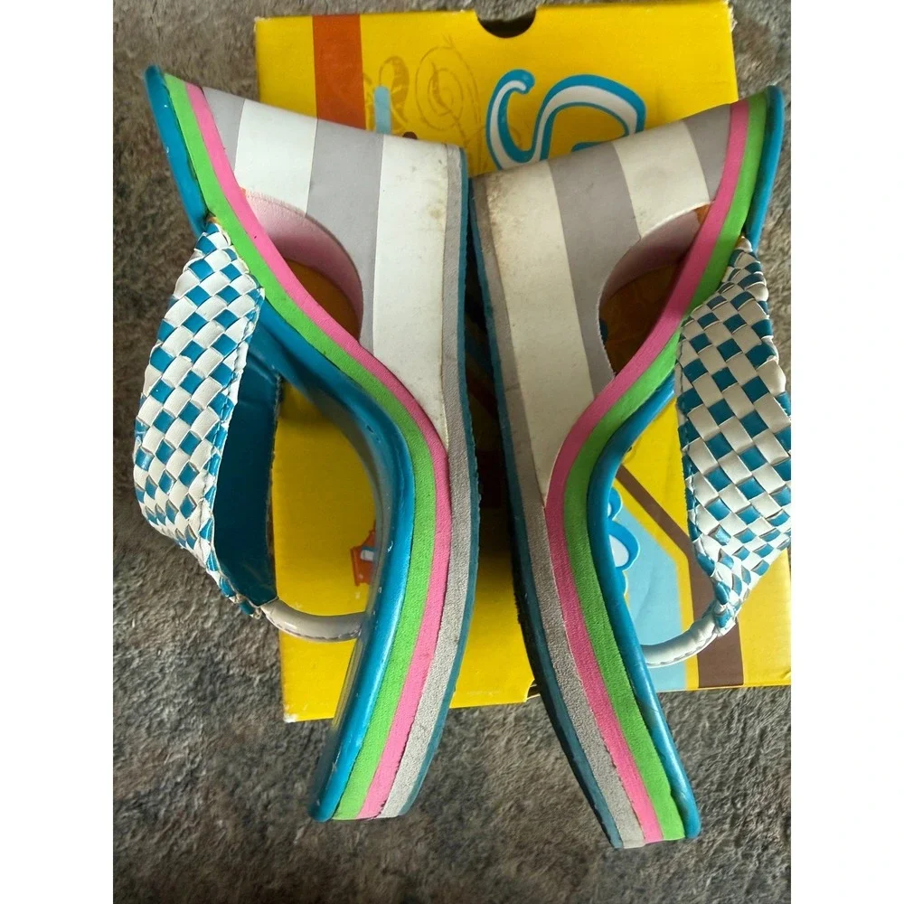Vintage Skechers Cali Y2K Platform Wedge Sandals Blue White Woven Checkerboard‎